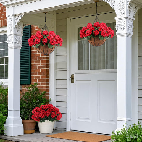 Hananona front porch patio garden decor with red geraniums