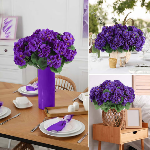 Hananona outdoor dining table display with purple geraniums for a lively focal point.