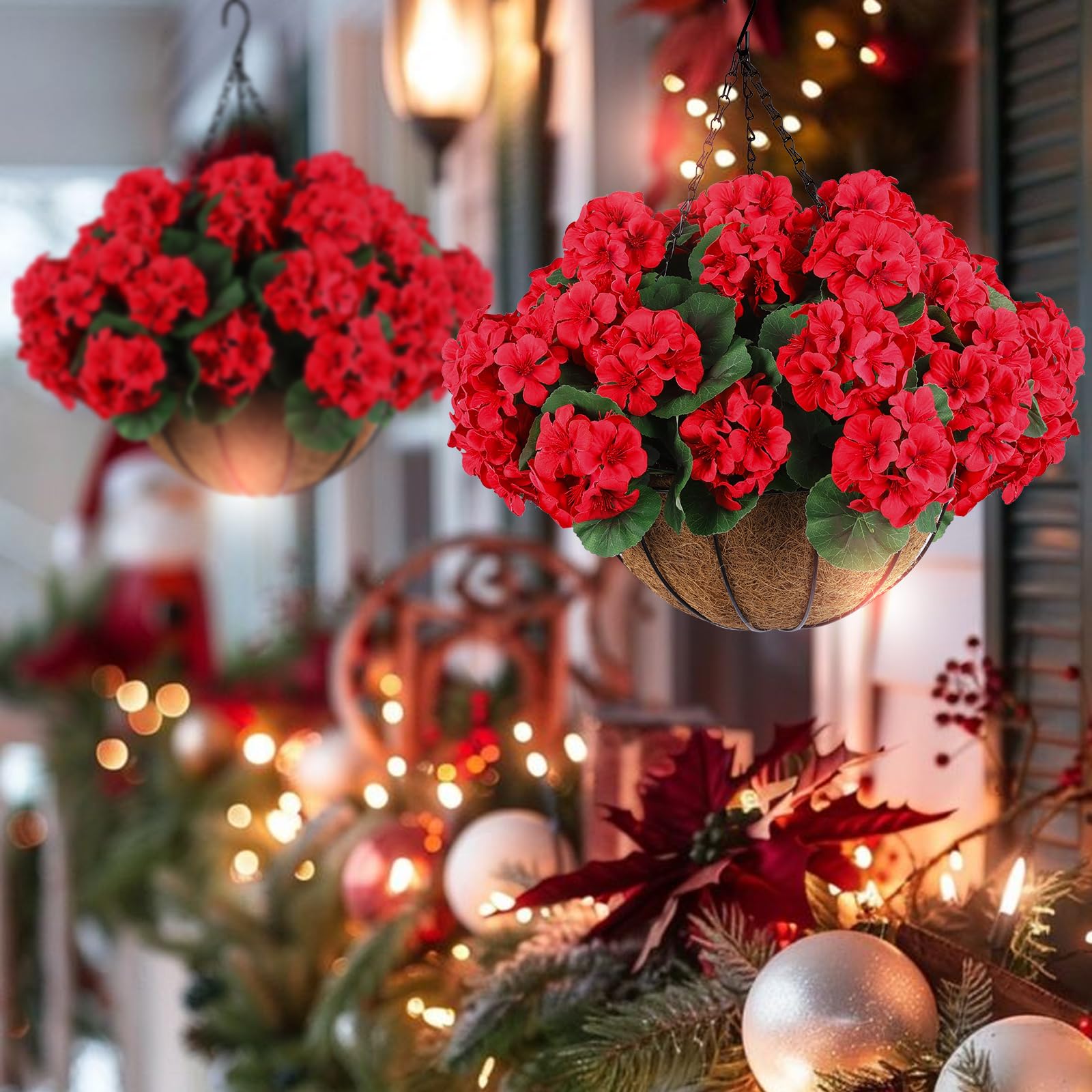 Hananona outdoor table decor with red geranium centerpiece