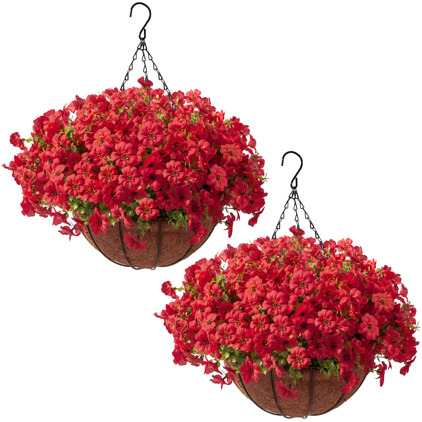 Hananona hanging basket flowers front view showing lush red blooms for year-round charm.