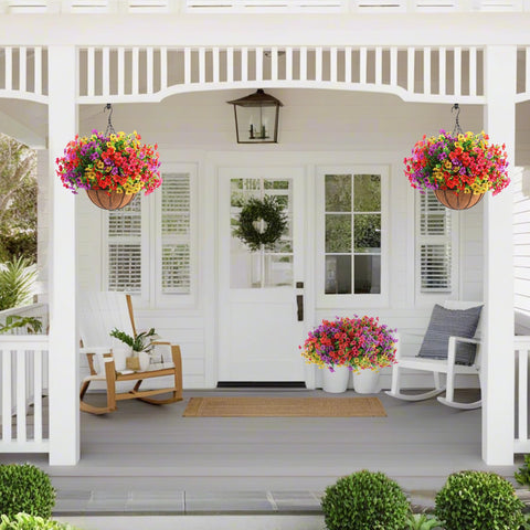 Hananona hanging baskets on patio showcase weather-ready durability.