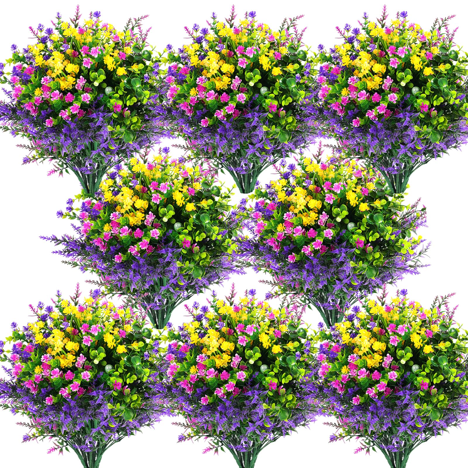 Hananona outdoor 24pc artificial flowers in fuchsia, purple, yellow, green for vibrant outdoor decor.