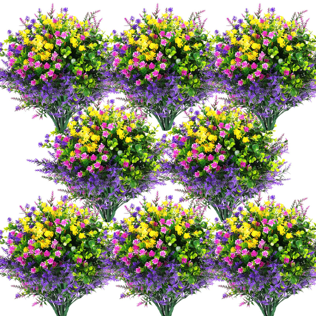 Hananona outdoor 24pc artificial flowers in fuchsia, purple, yellow, green for vibrant outdoor decor.
