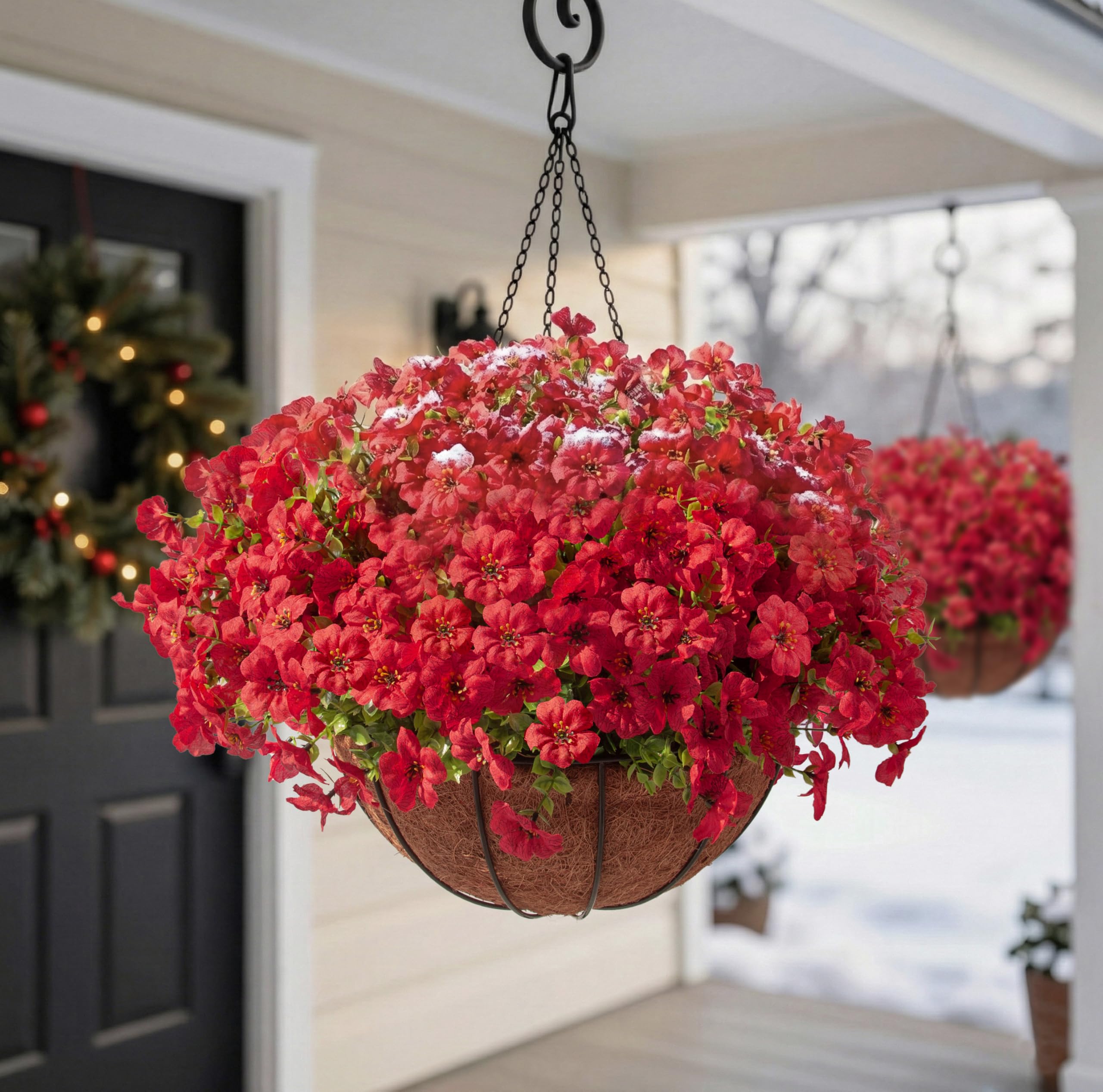 Hananona red outdoor flowers on basket side for vibrant curb appeal.