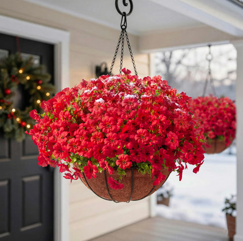 Hananona red outdoor flowers on basket side for vibrant curb appeal.