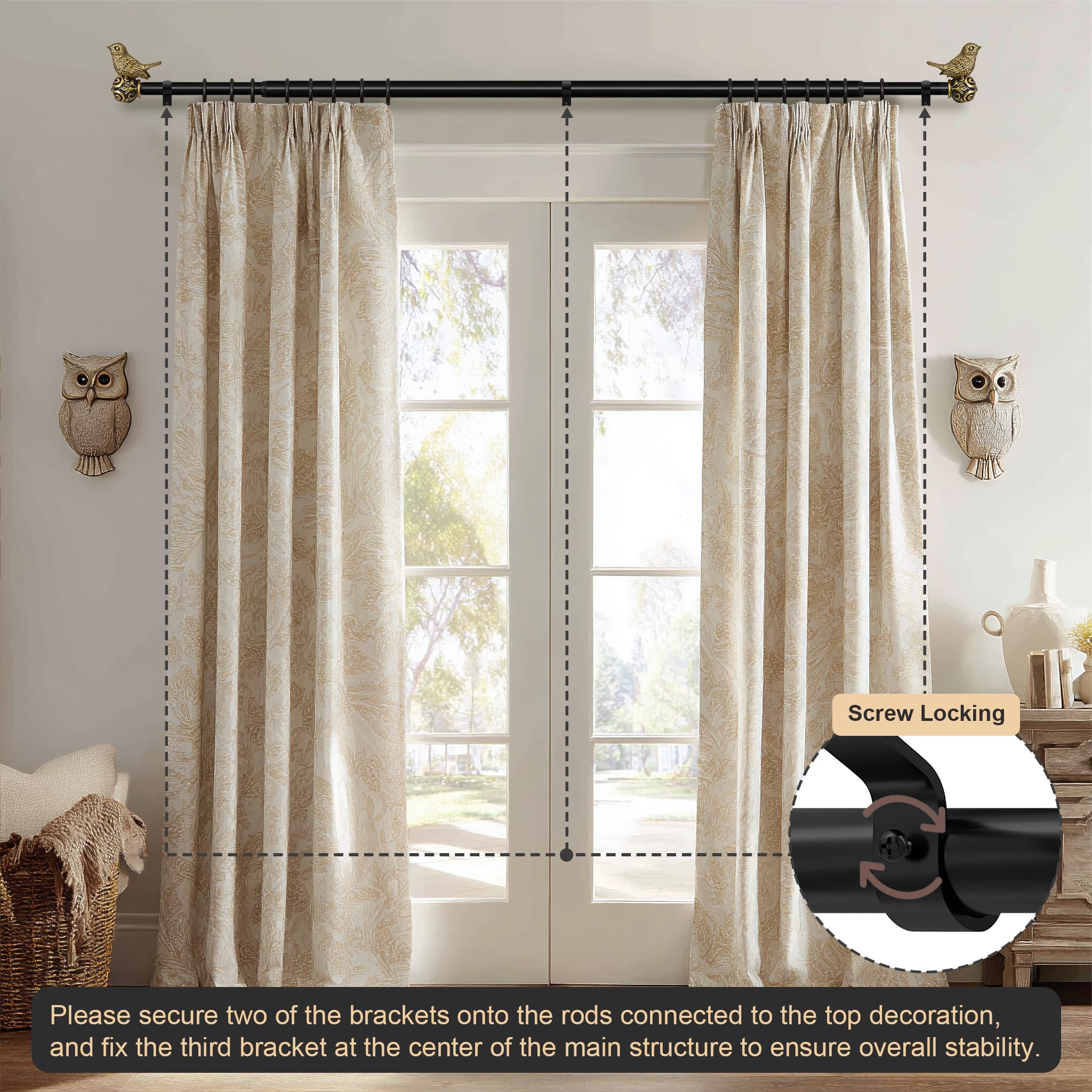 Hanchao 1in diameter curtain rod highlights sturdy construction and reduced sag risk.