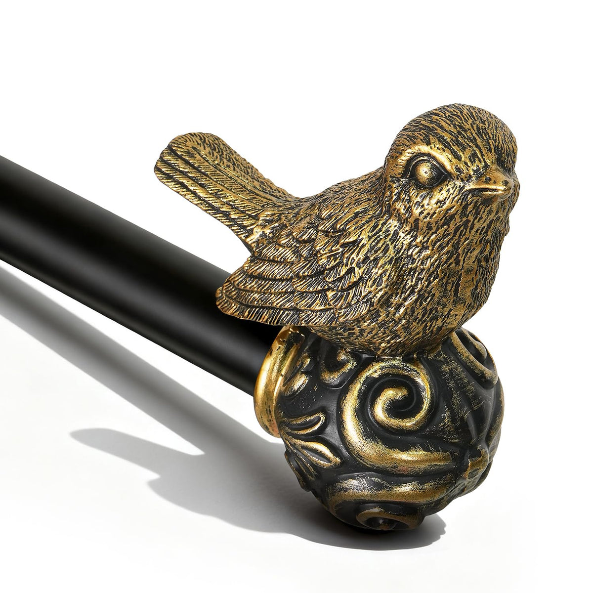 Hanchao bird finial detail on a vintage black-gold curtain rod for timeless style.