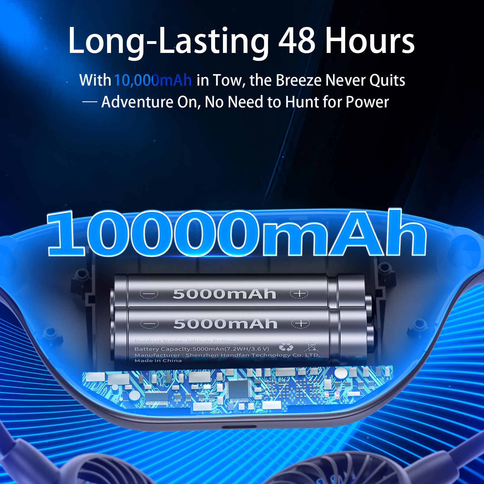HandFan 10000mAh battery delivers long-lasting cooling up to 48 hours.