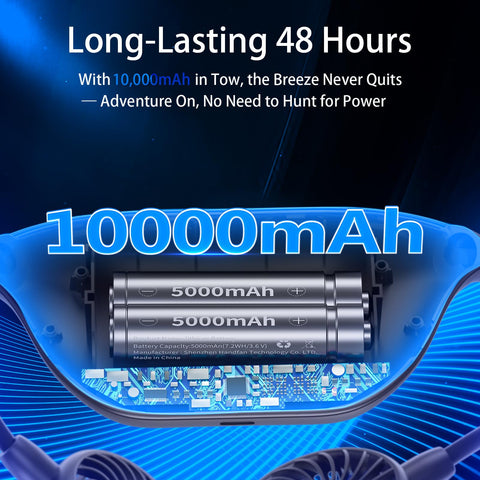HandFan 10000mAh battery delivers long-lasting cooling up to 48 hours.