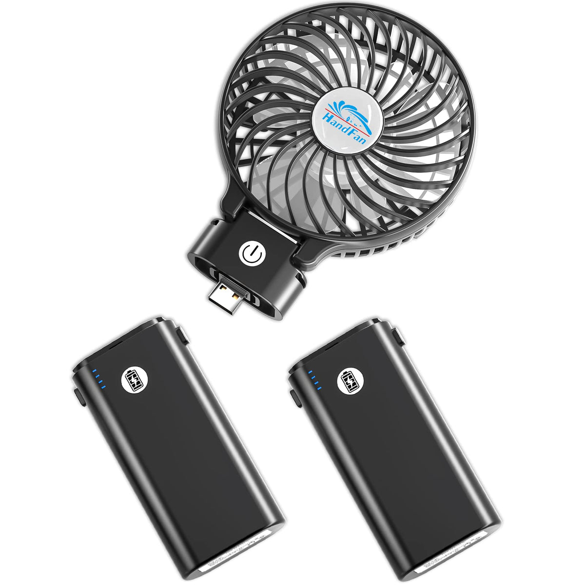 HandFan 10400mAh battery pack visible for long-lasting cooling on the go.