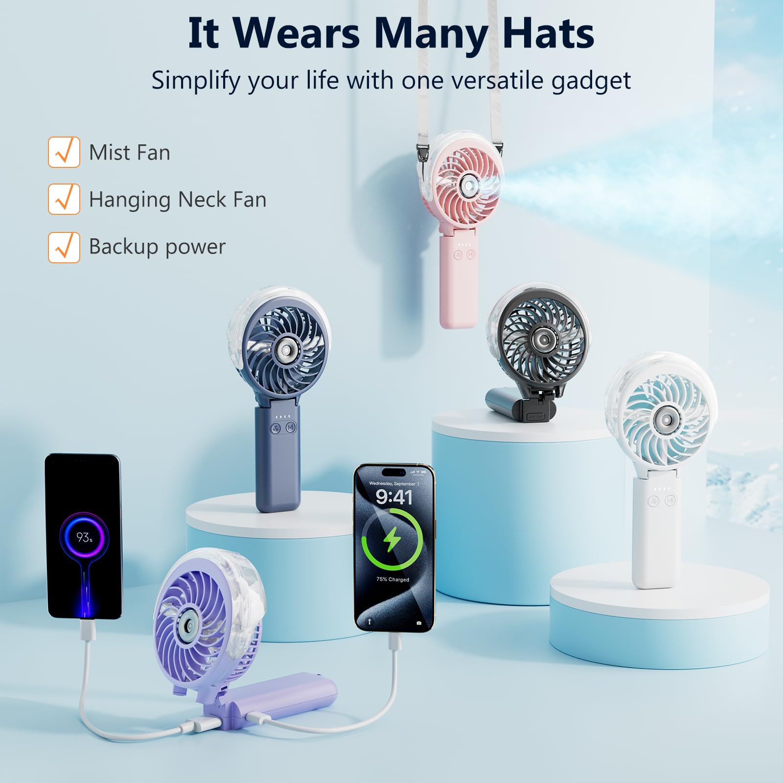 HandFan 34 ml water tank supports extended mist sessions.