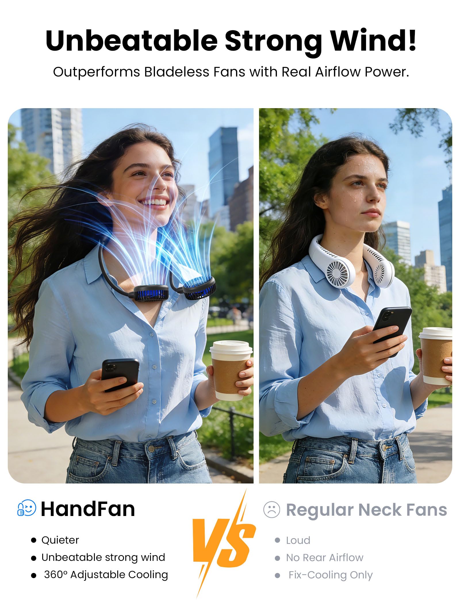 HandFan 360 degree rotation hands free shows adjustable airflow on the move.