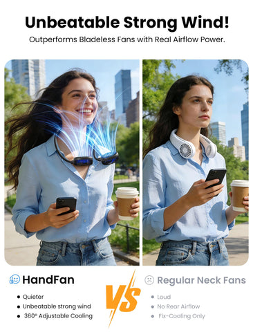 HandFan 360 degree rotation hands free shows adjustable airflow on the move.