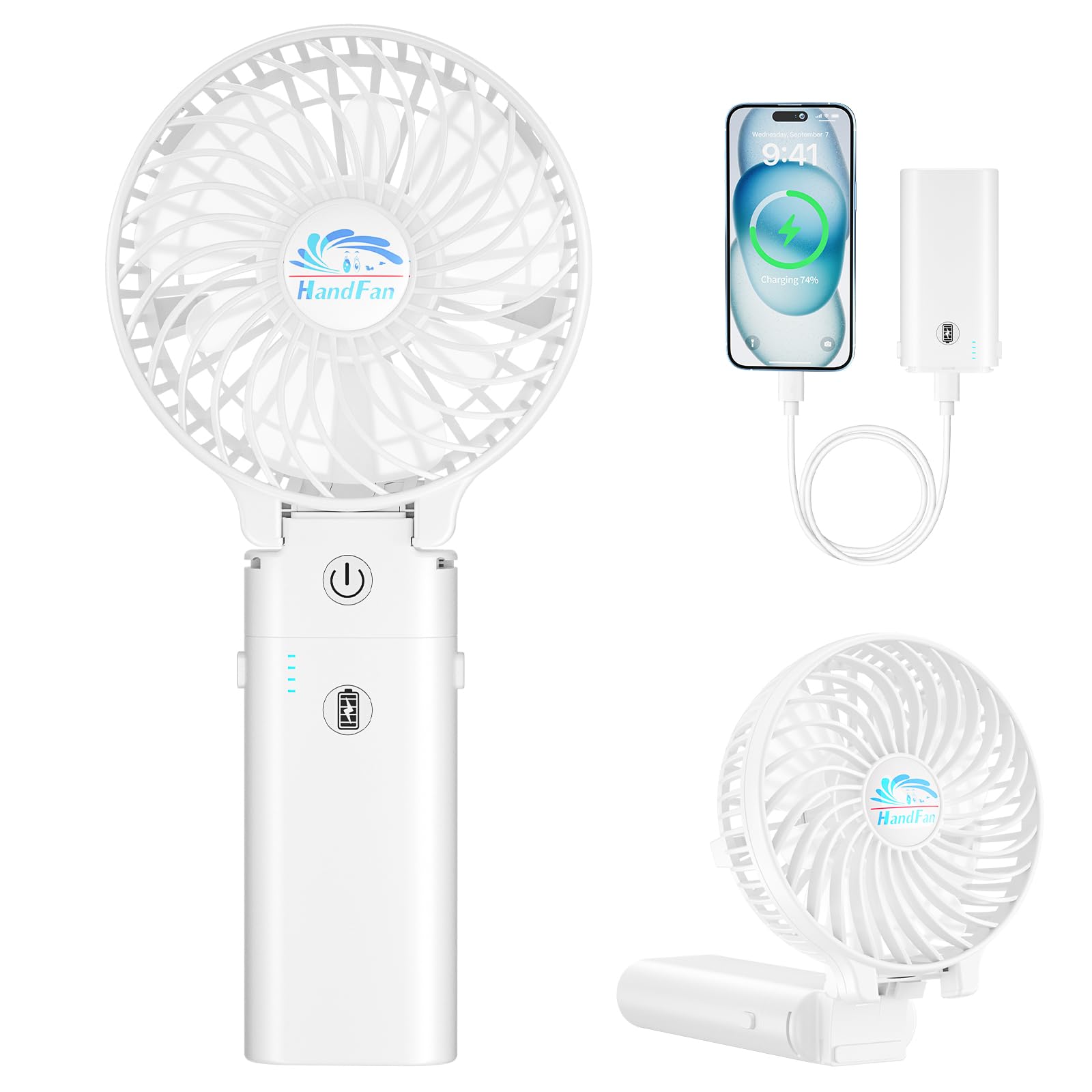 HandFan 5200mAh battery capacity for long outdoor cooling.