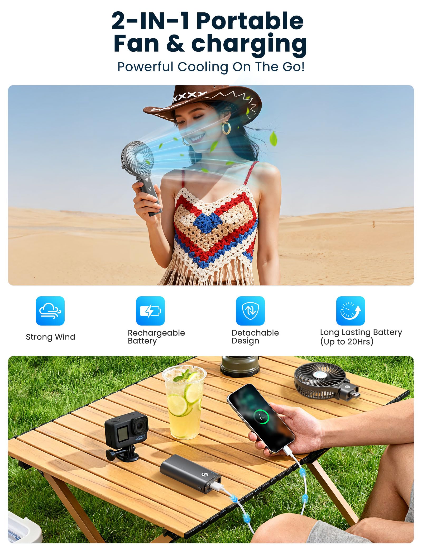 HandFan 6-blade 3-5inch rotor for broad airflow and faster cooling.