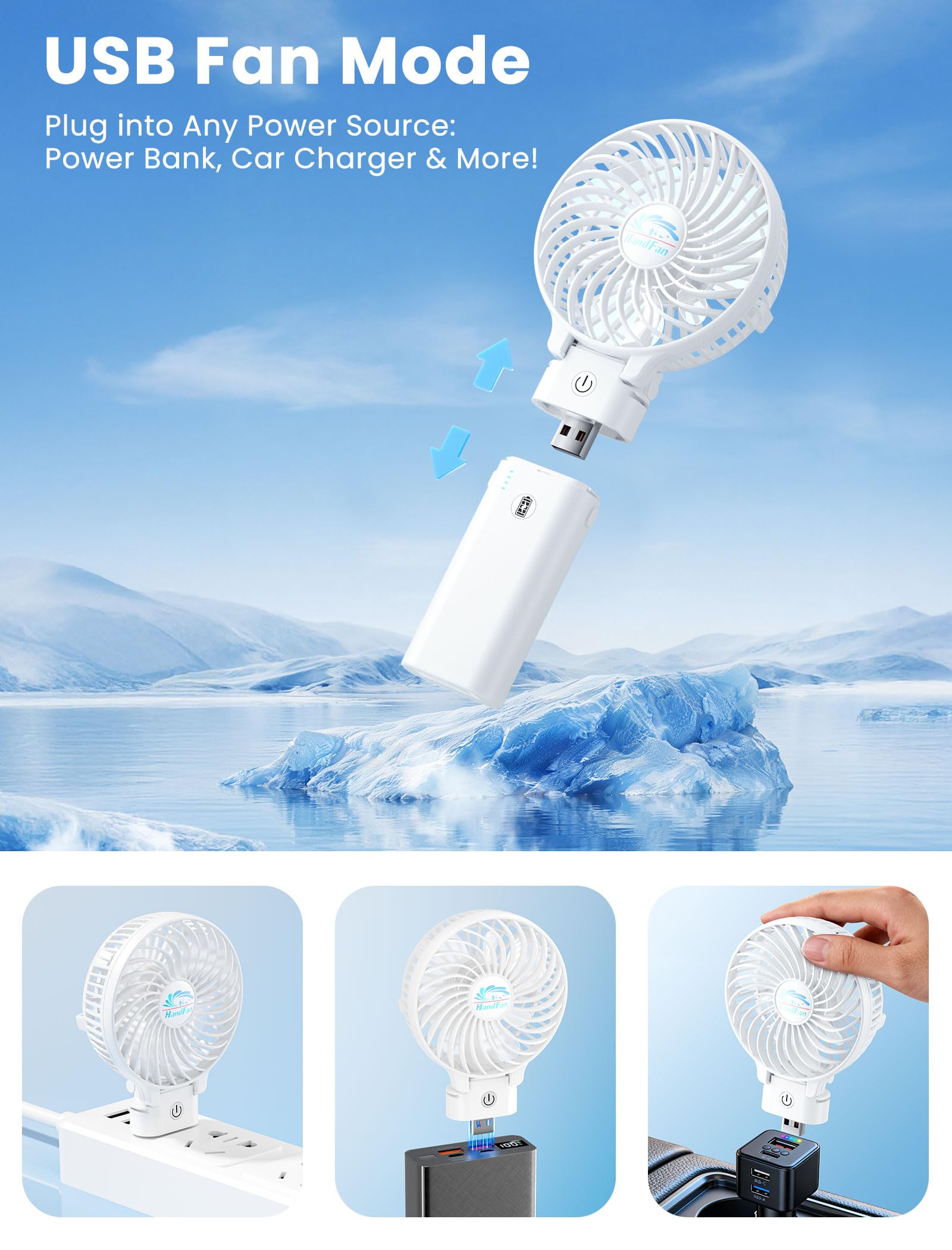 HandFan large 6-blade blades deliver strong airflow.