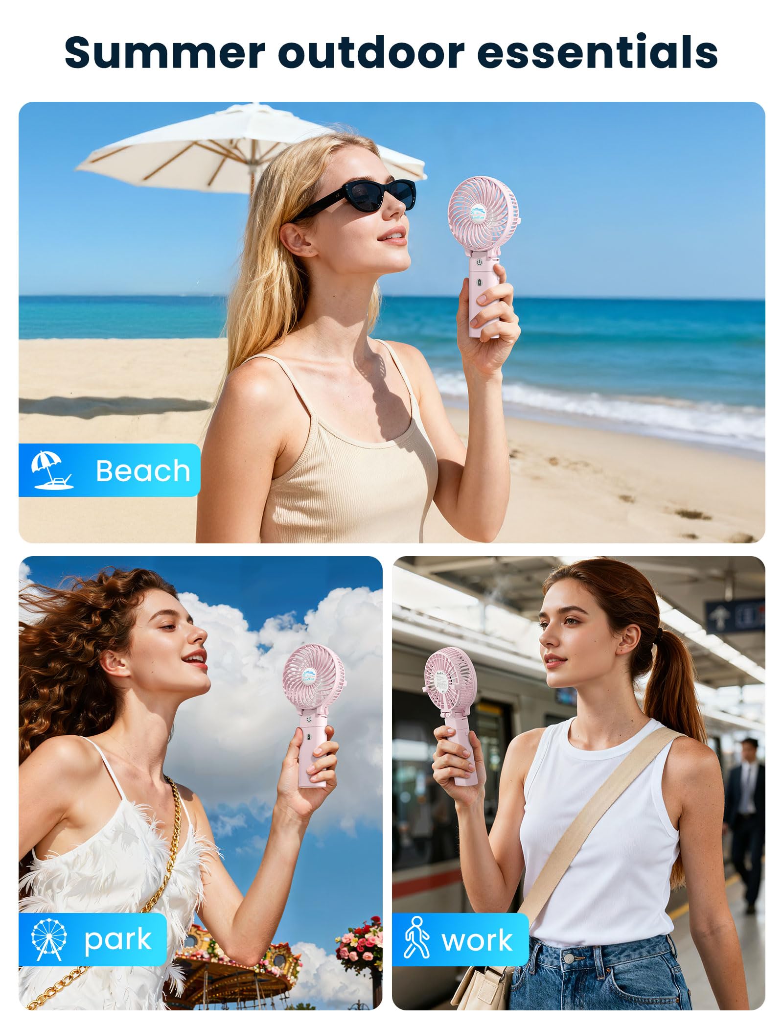 HandFan cherry pink 3.5 inch blades deliver broad airflow for cooling