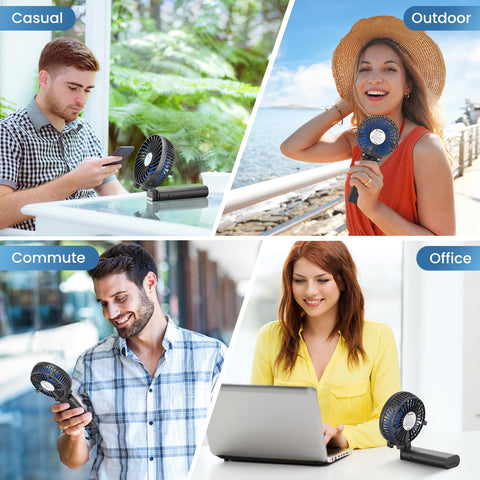 HandFan black and blue design complements travel gear and outfits.