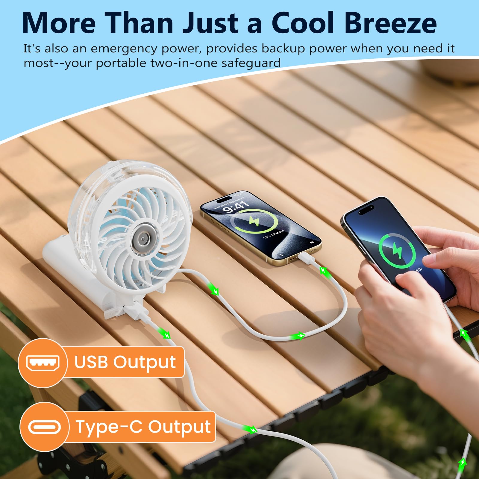 HandFan independent fan and mist controls for flexible cooling.
