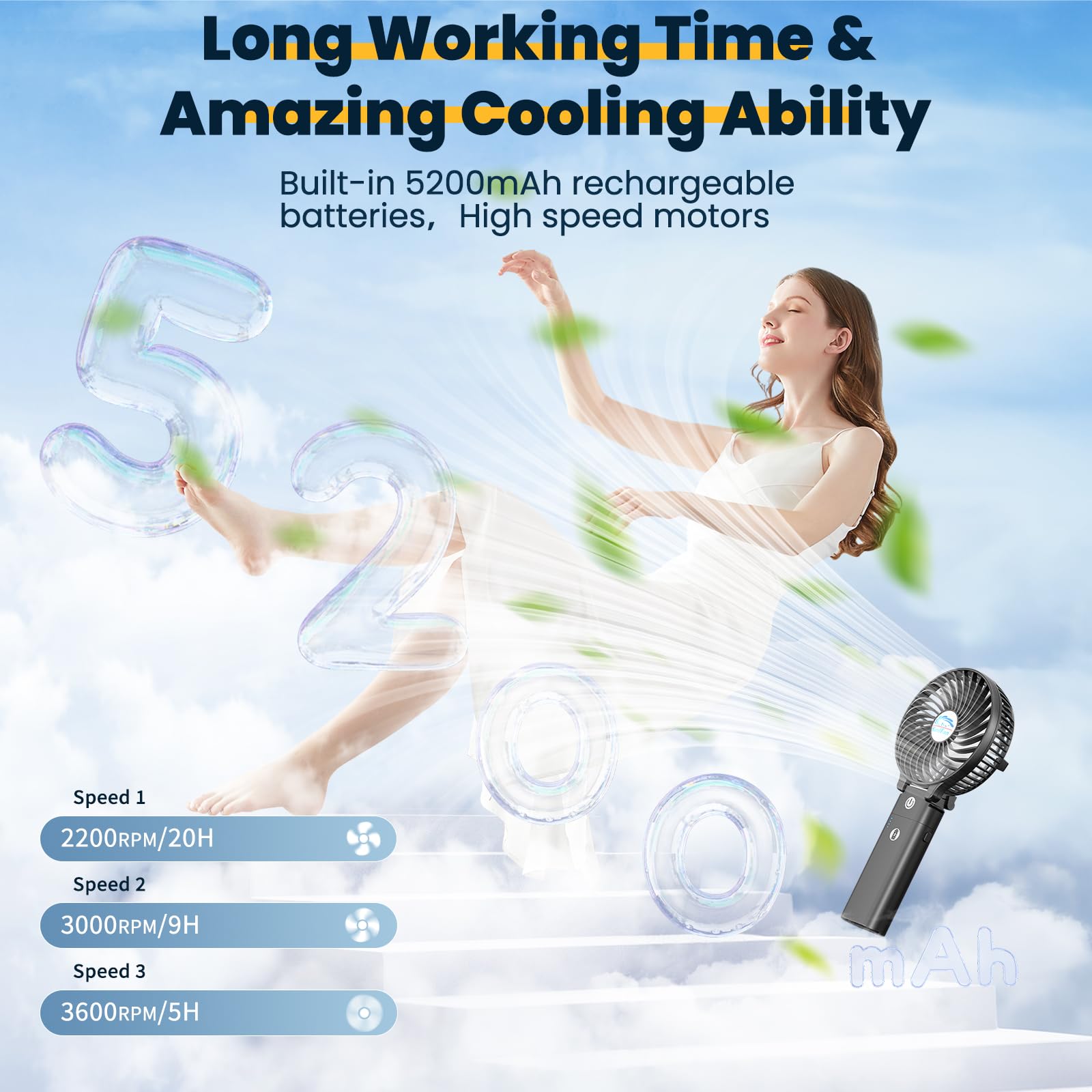 HandFan large blades deliver strong air flow for quick relief from heat.