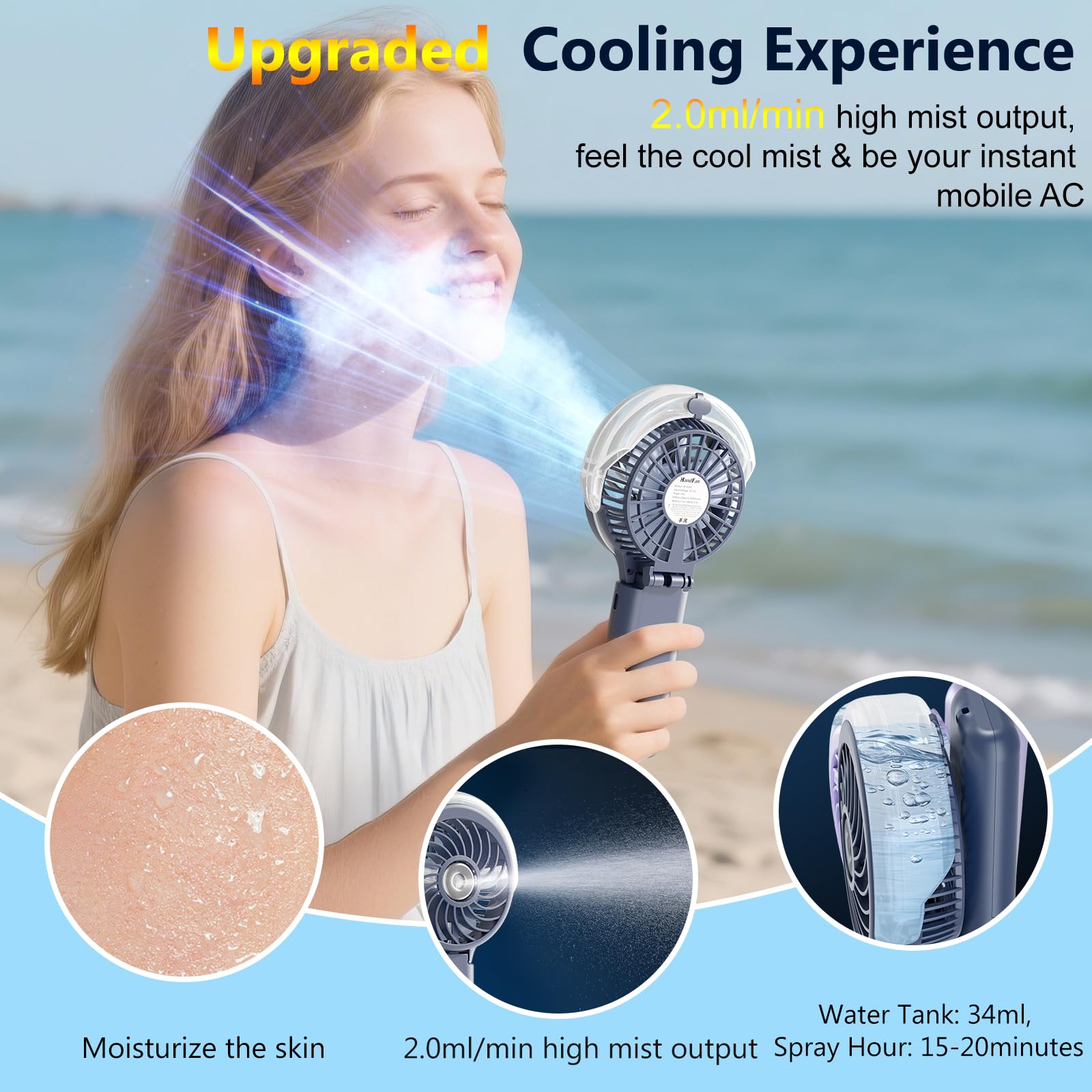 HandFan mist output 2.0 ml/min for rapid refreshment.