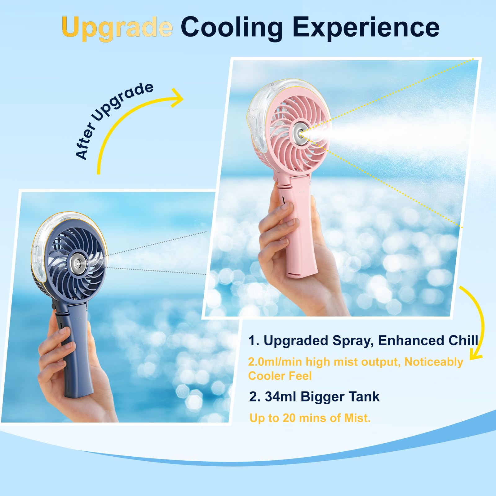 HandFan rechargeable personal mister delivering refreshing mist during travel.