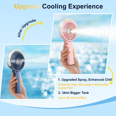 HandFan rechargeable personal mister delivering refreshing mist during travel.