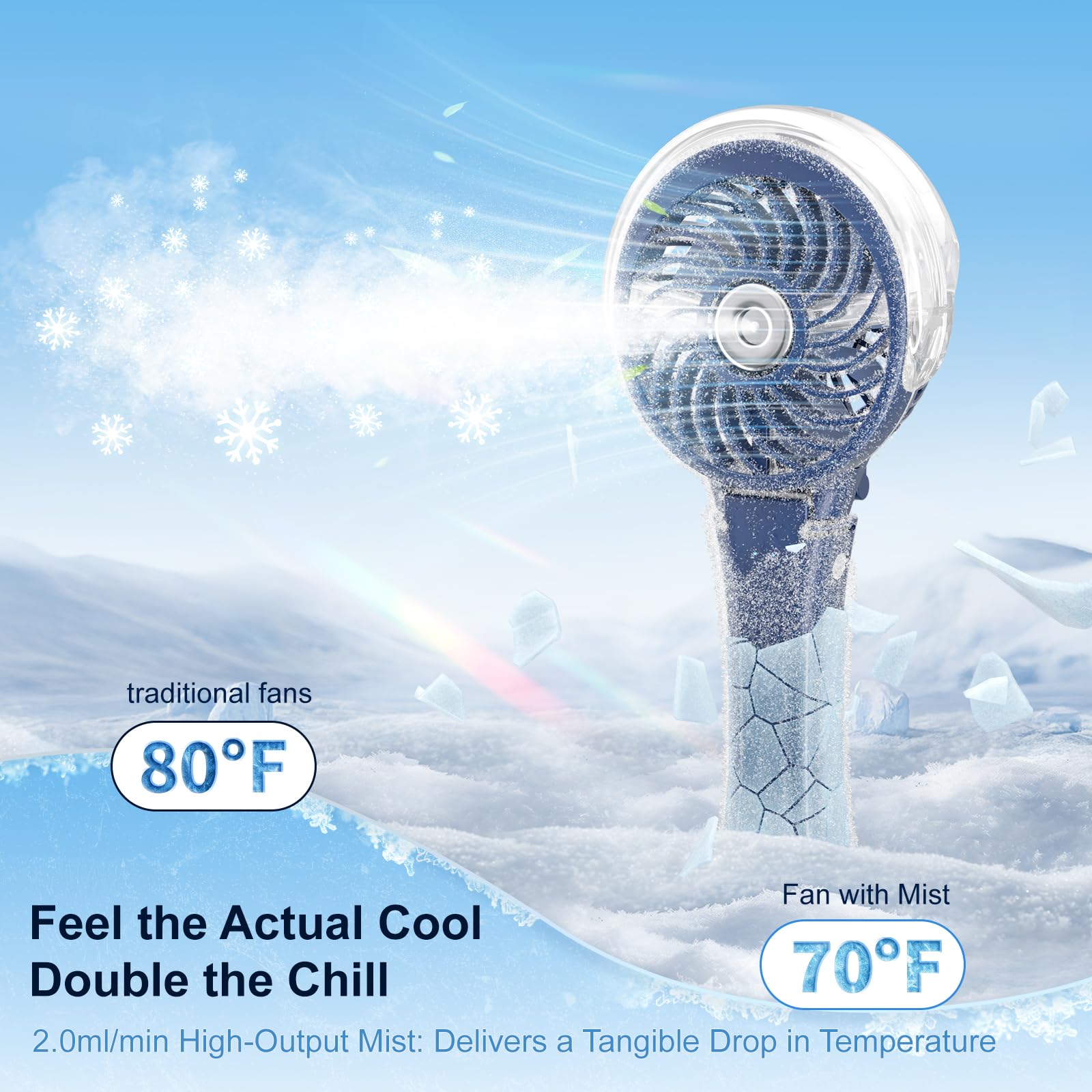 HandFan spray water mist feature delivering cooling relief outdoors