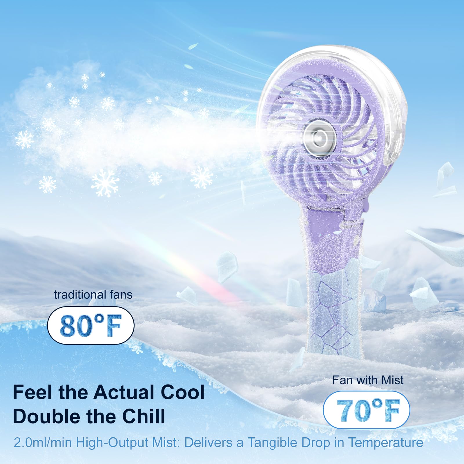 HandFan misting function sprays a refreshing cool breeze