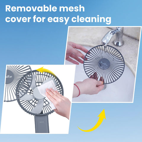 HandFan provides wide airflow coverage to cool nearby people.