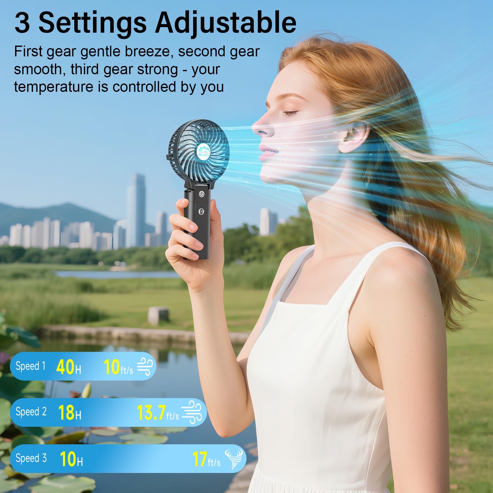 Three-speed wind control for customizable airflow.