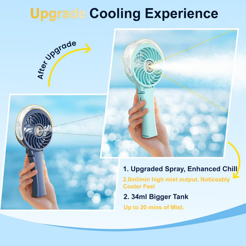 Close-up of HandFan misting action showing 2.0 ml/min output