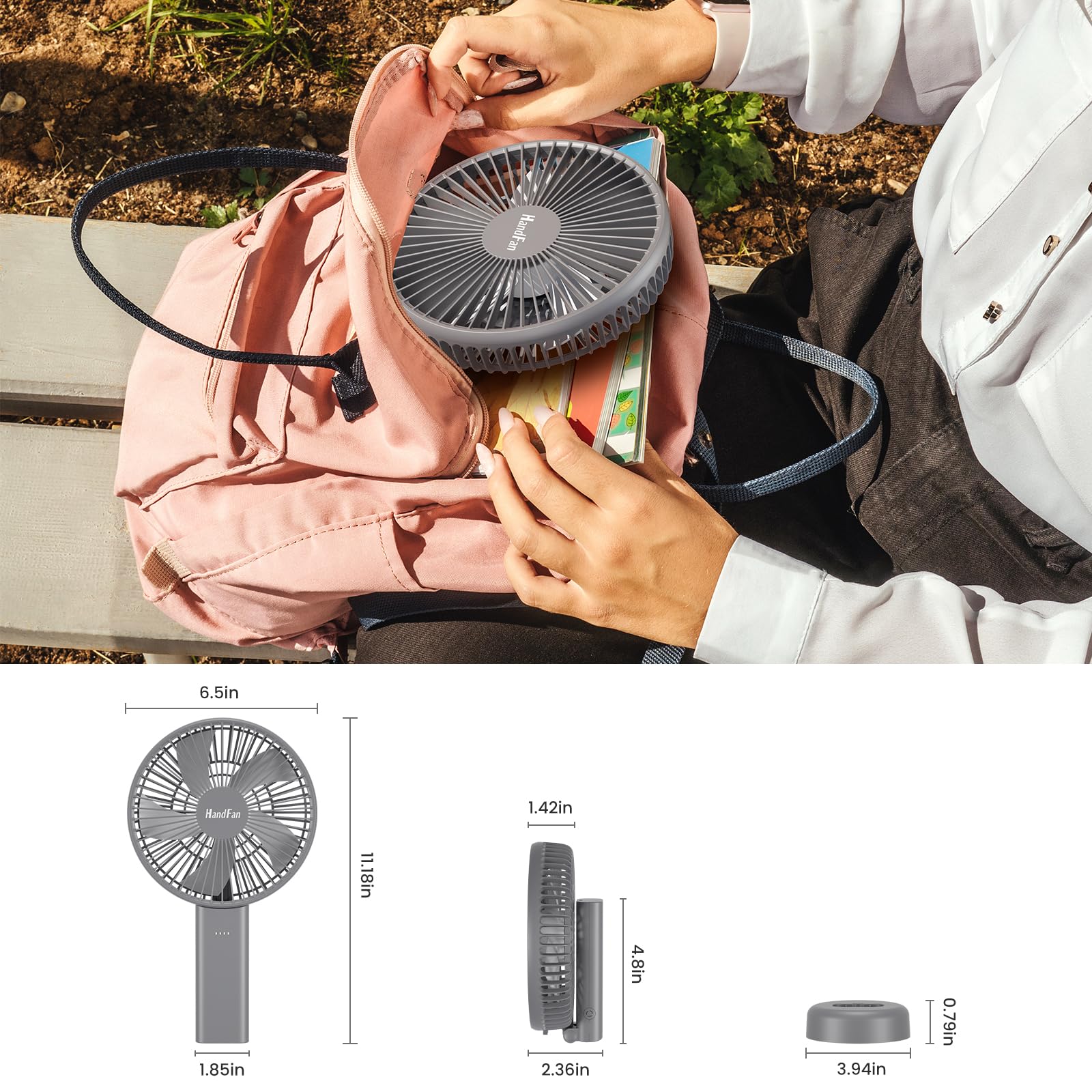 HandFan charges via USB from a PC, power bank, or wall charger.