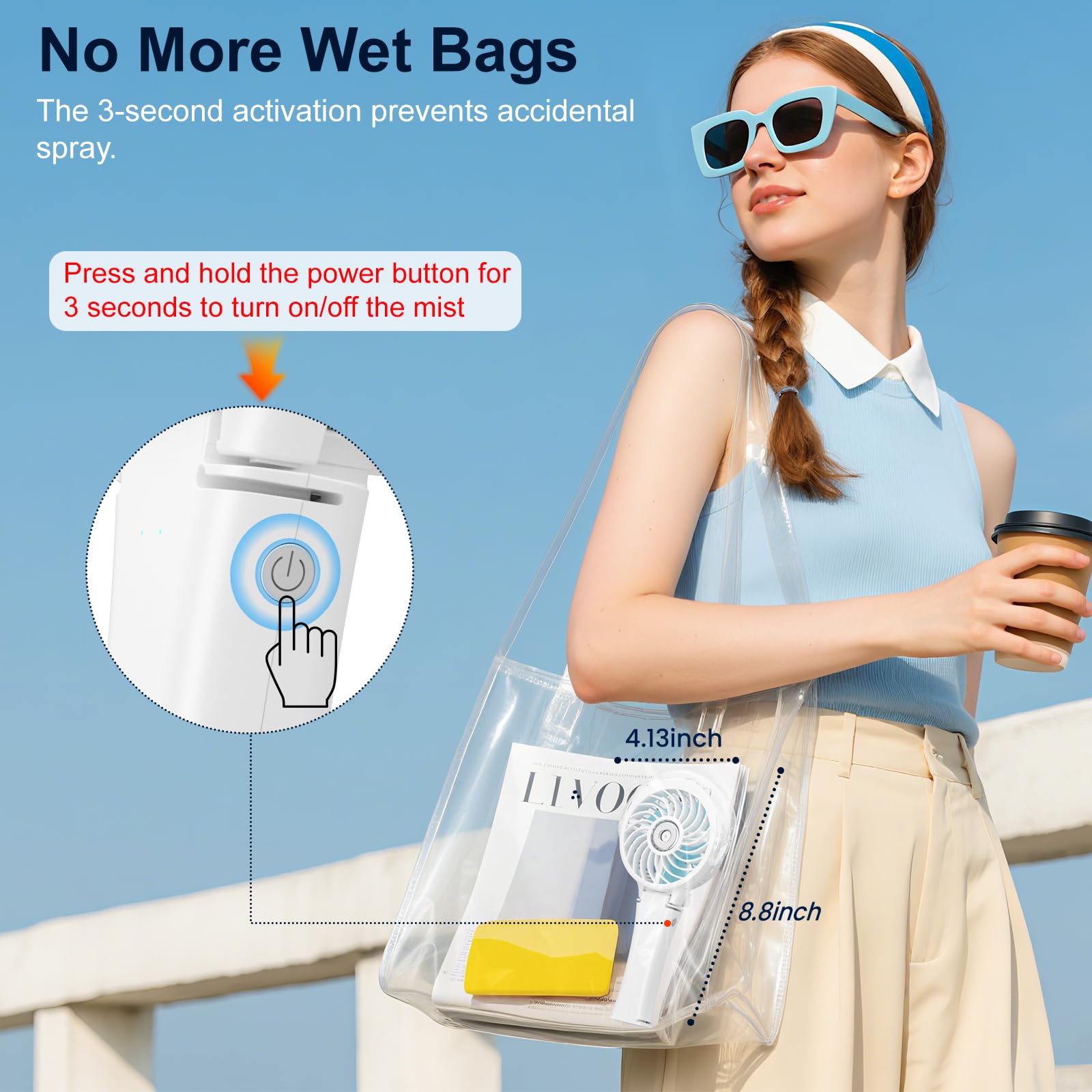 HandFan USB rechargeable battery illustration highlights long-lasting power.