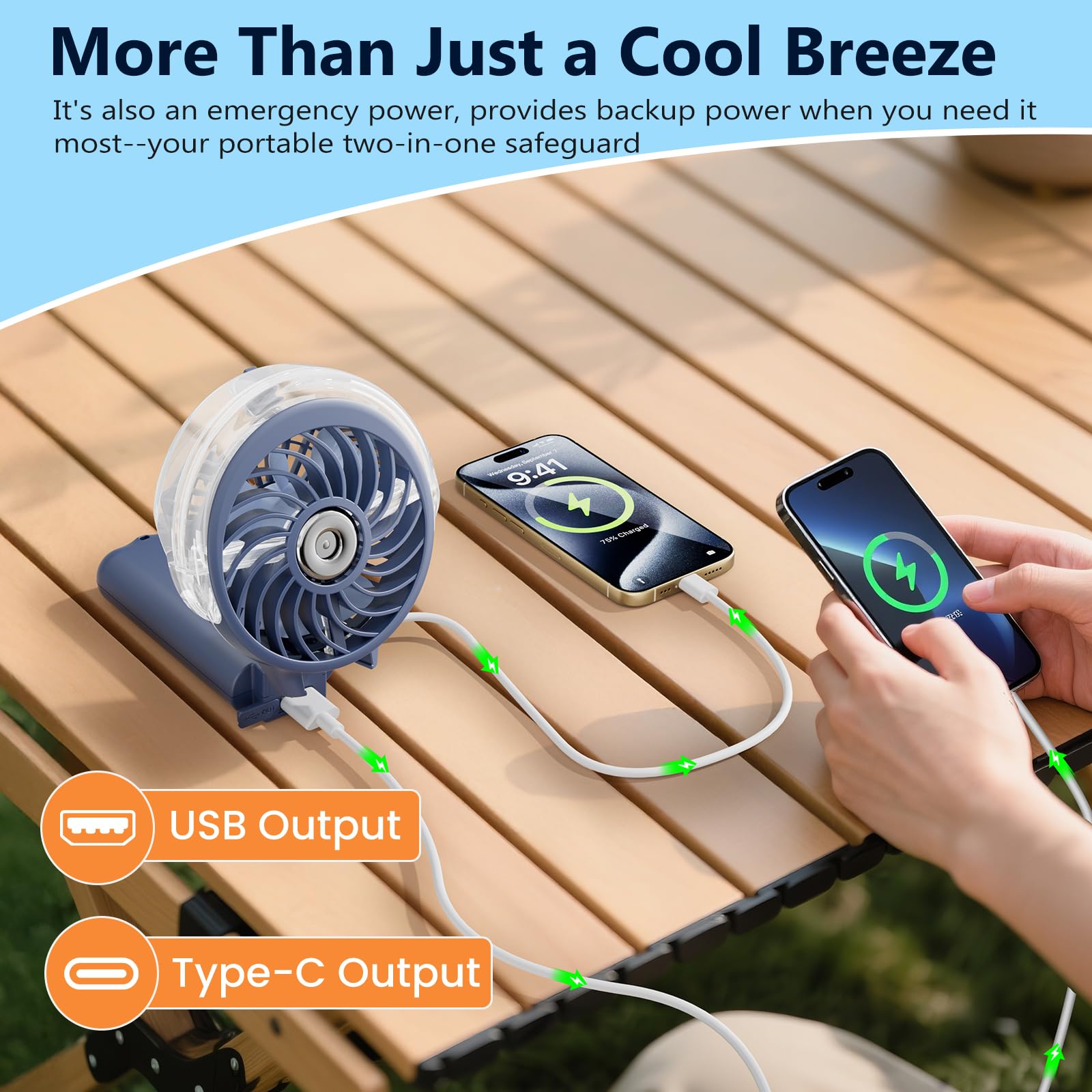 HandFan 34 ml tank powers extended mist for outdoor use.