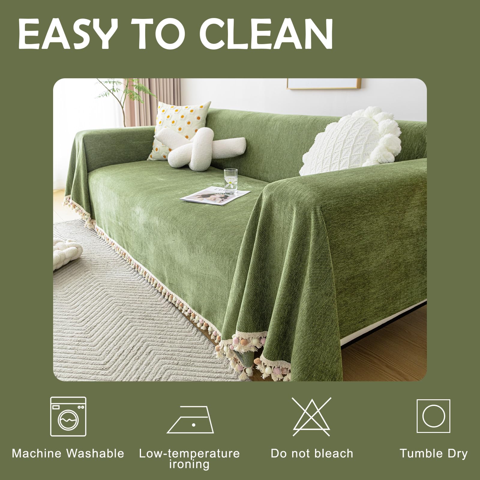 HANDONTIME Green Sofa Cover fits most sofas at 71x118 inches for versatile use.