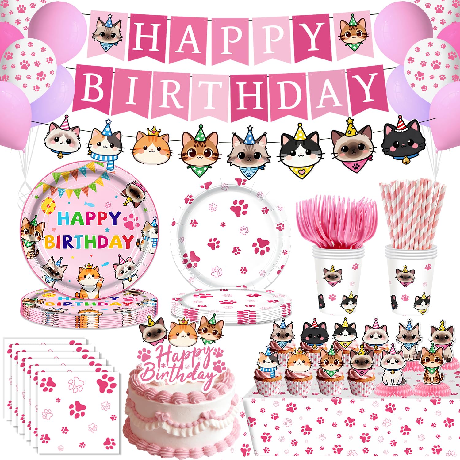 HandTool cat birthday kit banner features vibrant cat motifs for a cohesive party look.
