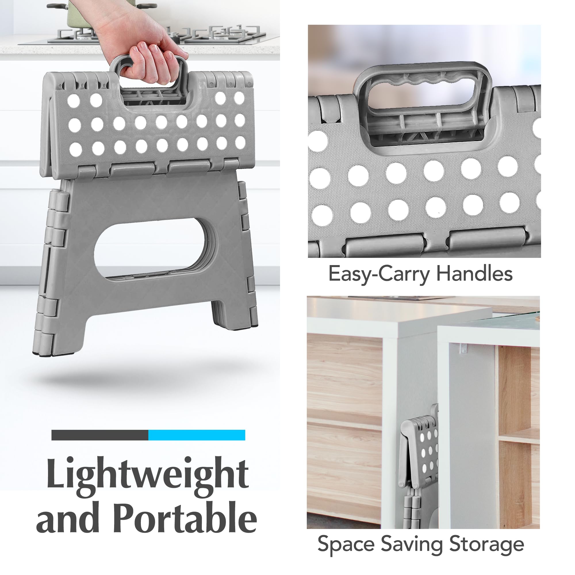 Handy Laundry 2-pack grey stools stored neatly between appliances.
