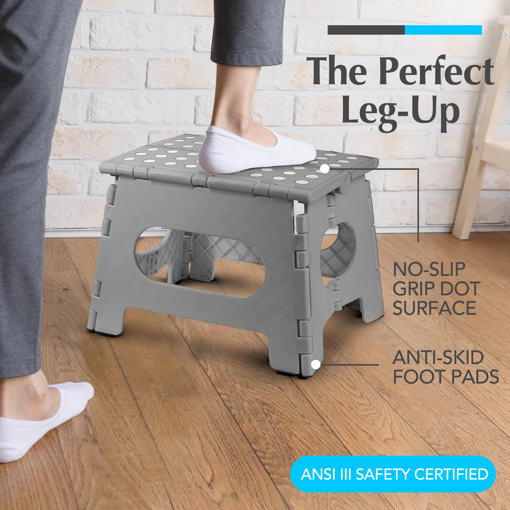 Handy Laundry folding step stool in grey, folded for compact storage space.