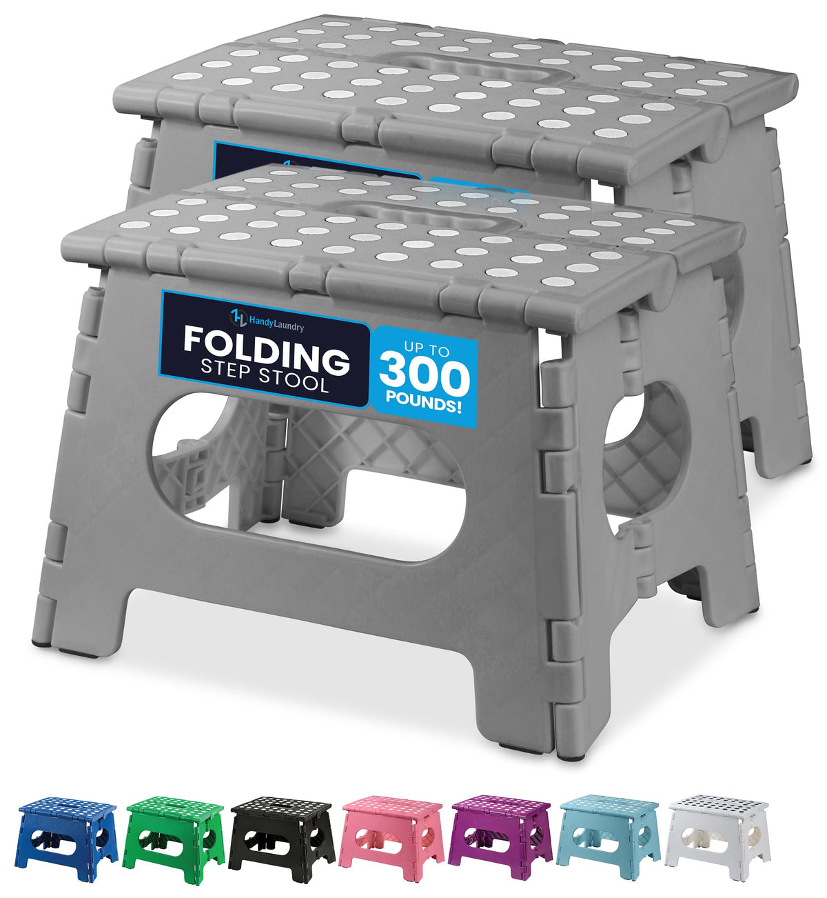 Handy Laundry folding step stool in grey, open, showing easy access to high shelves.