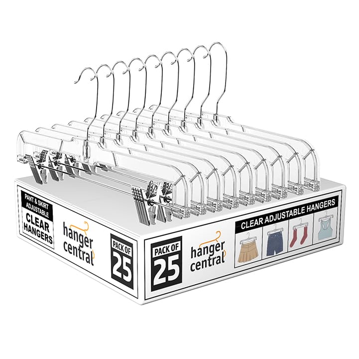 Hanger Central premium 14-inch clear pants hangers with 360-degree hook for easy access.