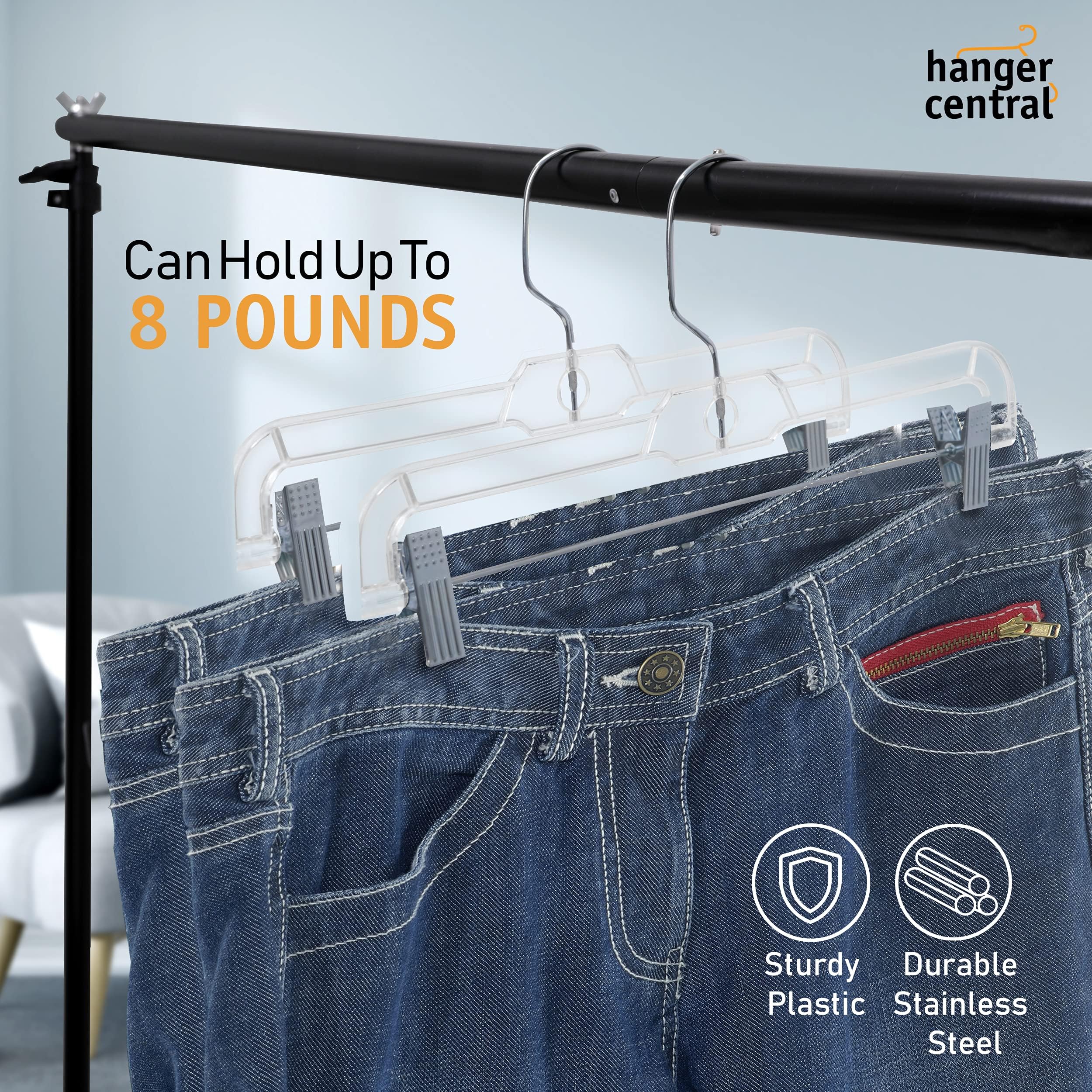 Hanger Central slim space-saving profile maximizes closet capacity.