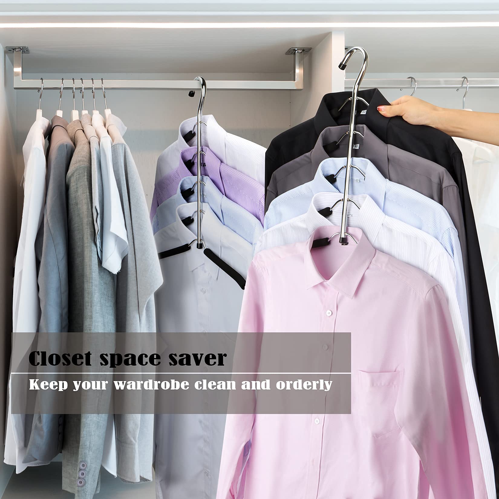 HangersSpace foam padded arm safeguards delicate fabrics during hanging and removal.