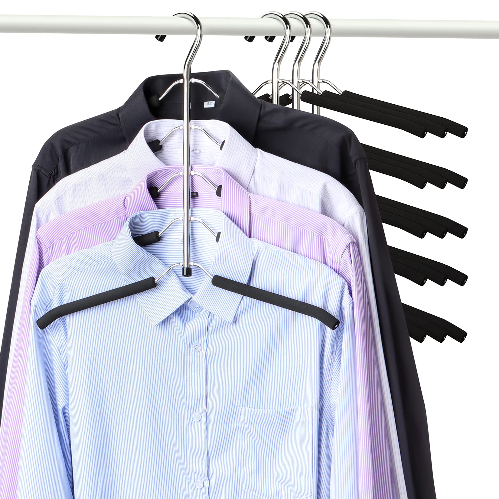 HangersSpace swing-arm hanger keeps shirts neatly organized and easily accessible.