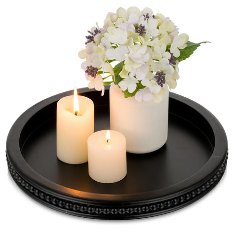 Hanobe black bead round tray 30cm adds rustic charm on a coffee table