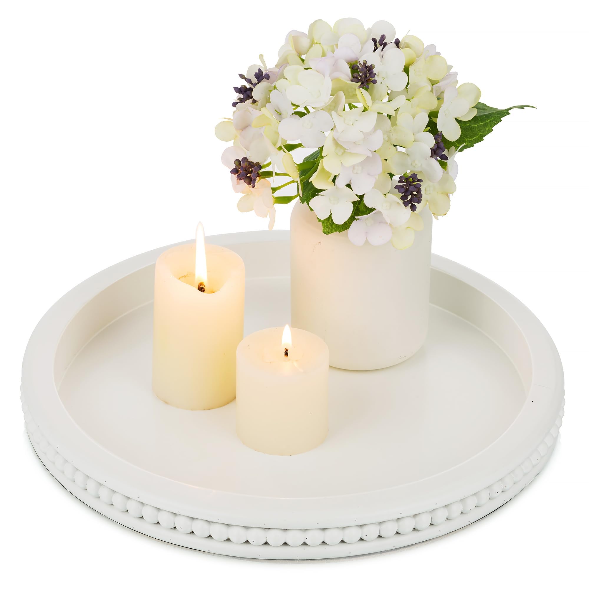 Hanobe decorative coffee table tray with white beaded round edge for elegant living room centerpiece.
