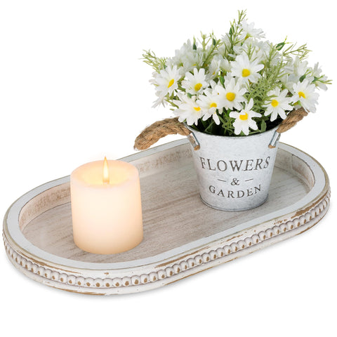 Hanobe decorative tray for coffee tables, white oval centerpiece, ideal for displaying candles or remotes.