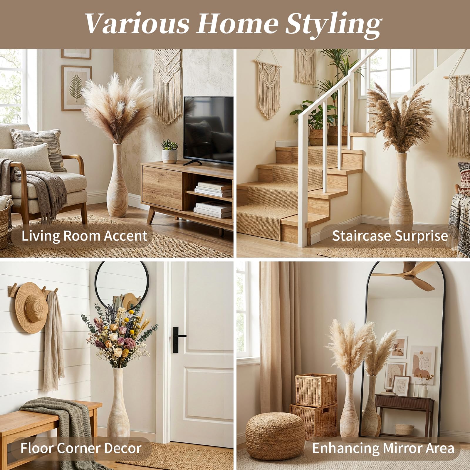 Hanobe floor vase with pampas grass setup adds dramatic height.