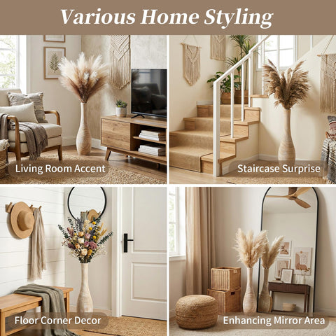 Hanobe floor vase with pampas grass setup adds dramatic height.