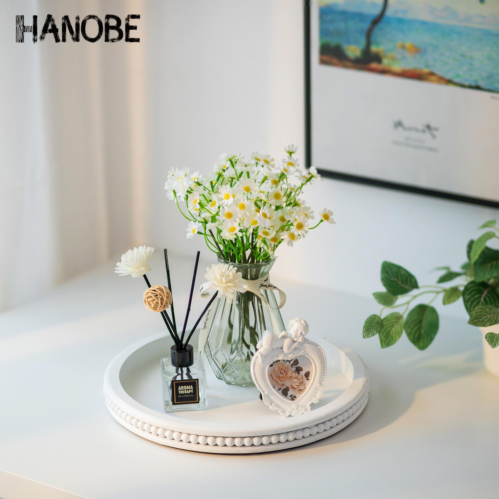 Hanobe modern farmhouse tray wood and beads offers versatile decor for kitchen or living spaces.